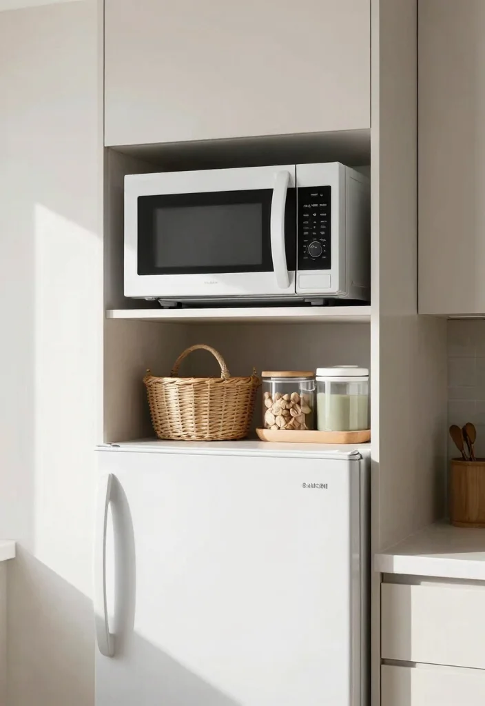 10 Microwave Placement Ideas for Better Kitchen Flow 6. Above the Fridge Utilizing Higher Storage Areas 0