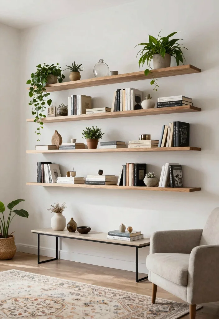 10 Mini Living Room Ideas for Compact Homes 2. Floating Shelves for Stylish Storage 0