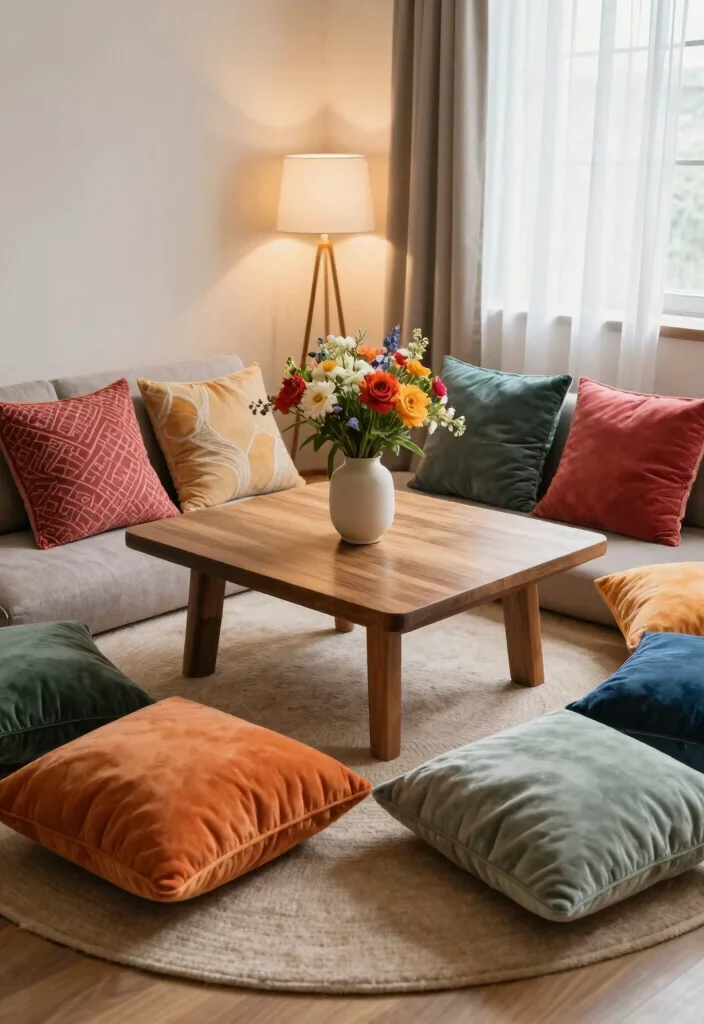 10 No Sofa Living Room Ideas for Flexible Seating 8. Low Tables with Cushions 0