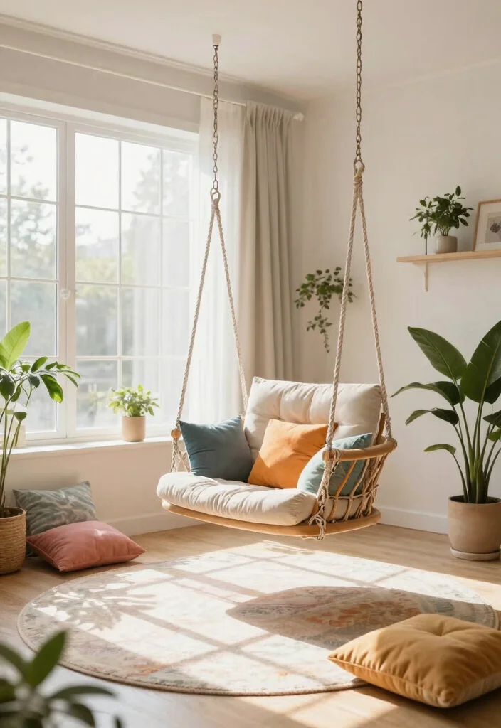 10 No Sofa Living Room Ideas for Flexible Seating 9. Swing Chairs 0