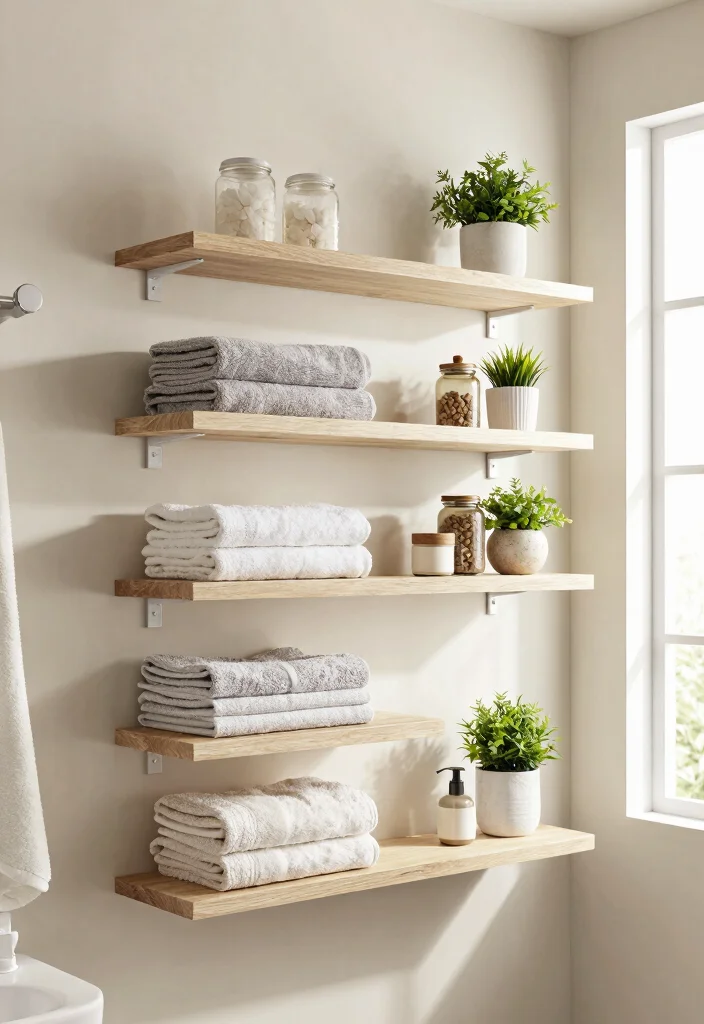 10 Small Narrow Bathroom Ideas with Better Flow 1. Utilize Vertical Space with Floating Shelves 0