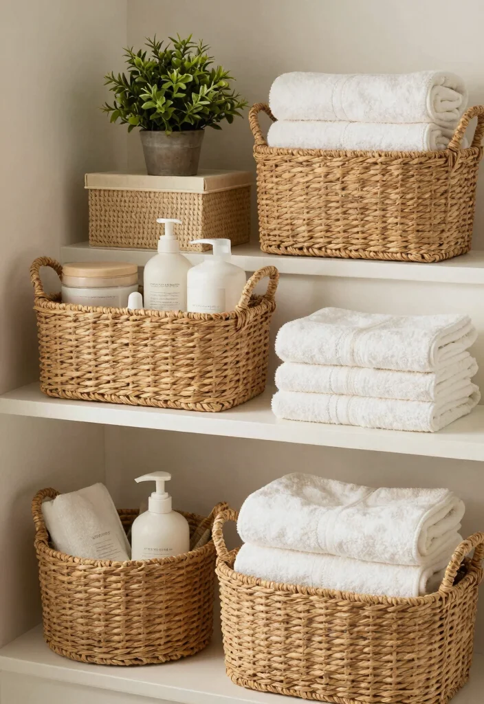 12 Bathroom Unit Ideas for Storage and Clean Design 9. Decorative Baskets and Boxes 0