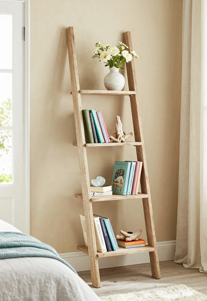 12 Bedroom Bookshelf Ideas for Storage and Display Coastal Inspired Style 3. Ladder Bookshelf Chic and Stylish 0