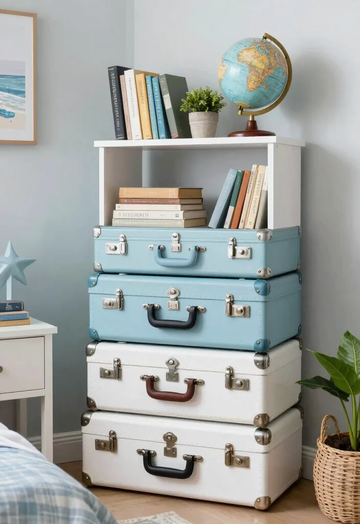 12 Bedroom Bookshelf Ideas for Storage and Display Coastal Inspired Style 6. Vintage Suitcases Whimsical and Functional 0