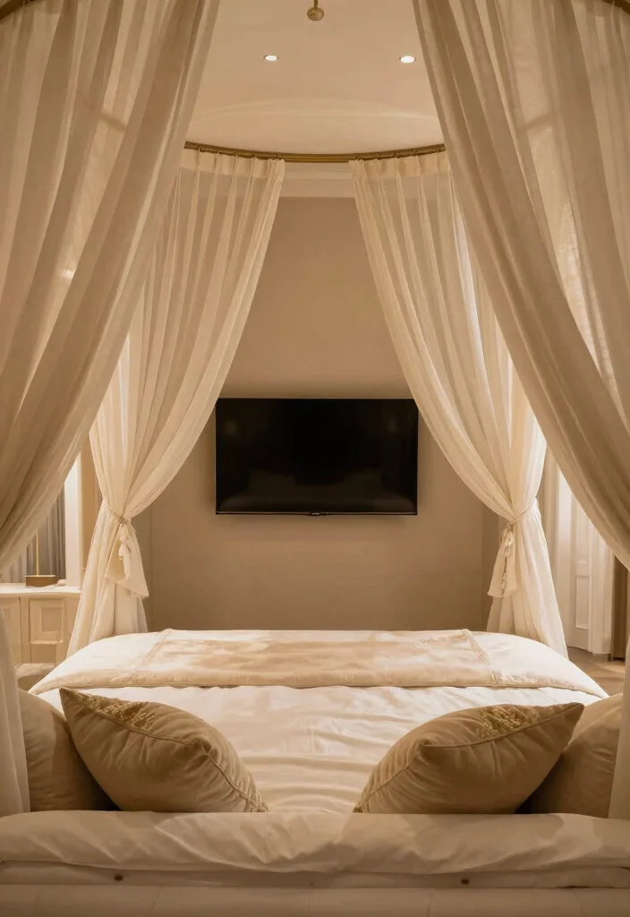 12 Bedroom Ideas with TV for Cozy Evenings 10. Canopy Bed TV Setup 0