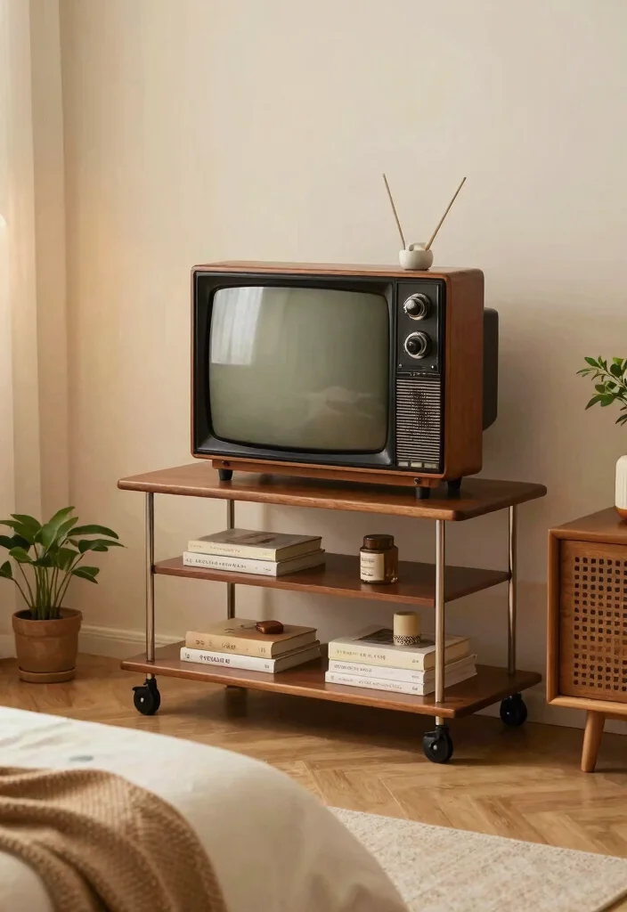 12 Bedroom Ideas with TV for Cozy Evenings 11. Vintage TV Cart 0