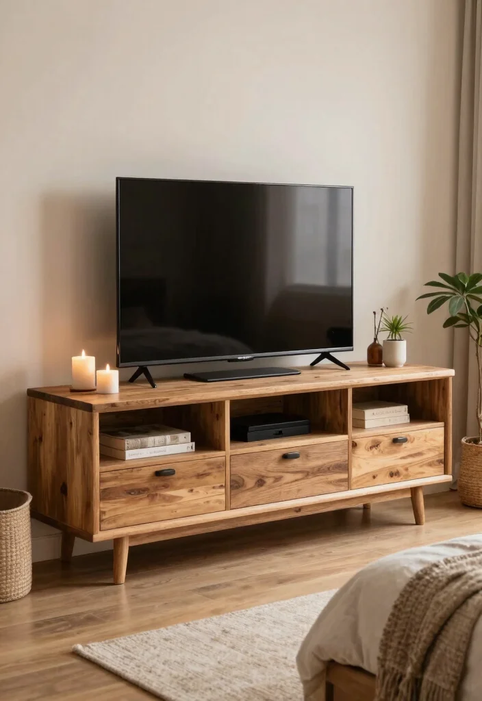12 Bedroom Ideas with TV for Cozy Evenings 5. Rustic Wooden TV Stand 0