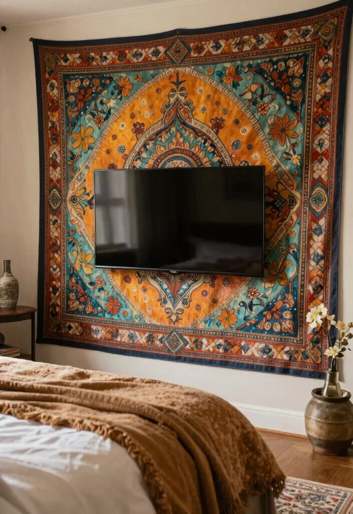 12 Bedroom Ideas with TV for Cozy Evenings 7. Tapestry or Wall Mural as a Backdrop 0