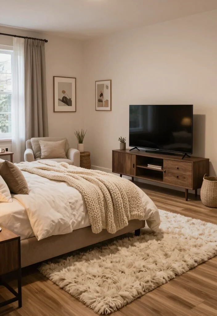 12 Bedroom Ideas with TV for Cozy Evenings 8. Soft Textiles for Comfort 0