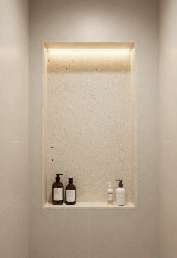 12 Beige Tile Bathroom Ideas for a Calm Neutral Look 12. Beige Terrazzo Style Shower Niche 0