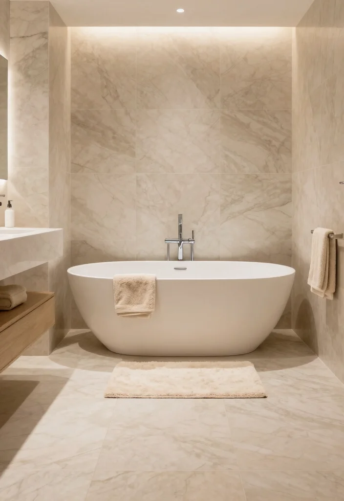 12 Beige Tile Bathroom Ideas for a Calm Neutral Look 4. Beige Marble Look Tiles 0