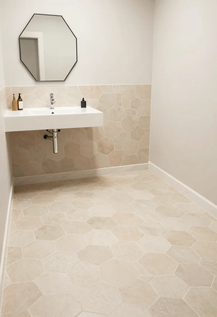 12 Beige Tile Bathroom Ideas for a Calm Neutral Look 5. Beige Hexagonal Tiles 0