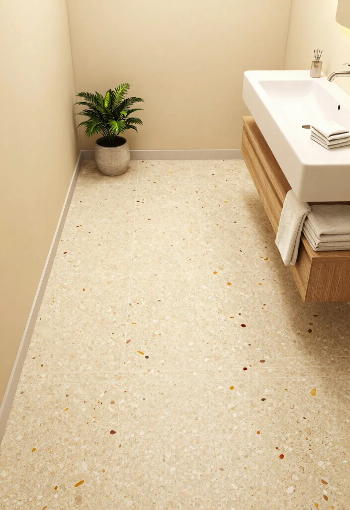 12 Beige Tile Bathroom Ideas for a Calm Neutral Look 6. Warm Beige Terrazzo Tiles 0