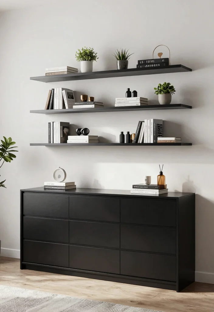 12 Black Dresser Bedroom Ideas for Easy Styling 11. Utilize Vertical Space with Shelving 0