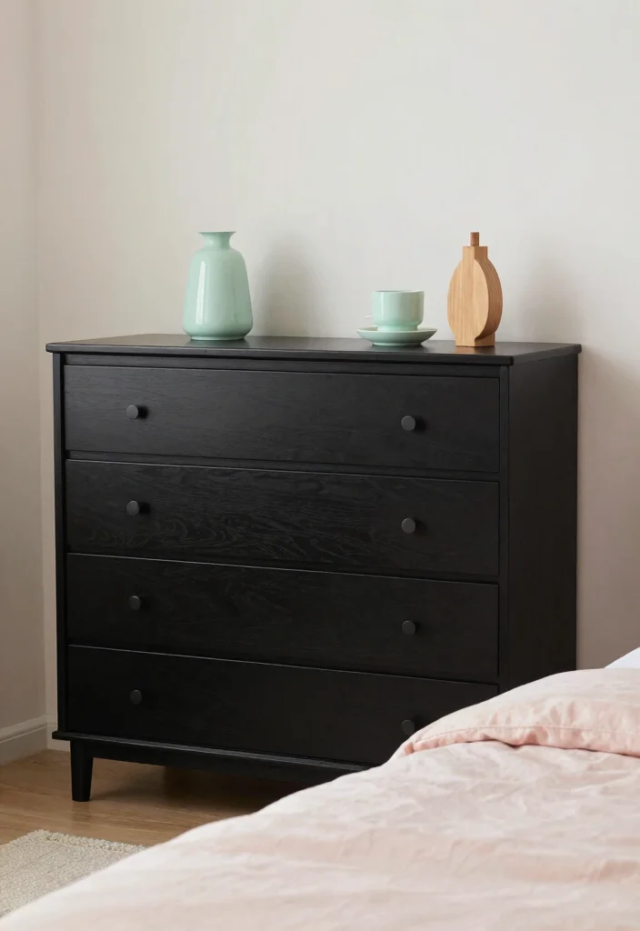 12 Black Dresser Bedroom Ideas for Easy Styling 12. Soft Minimalism with Subtle Color Pops 0