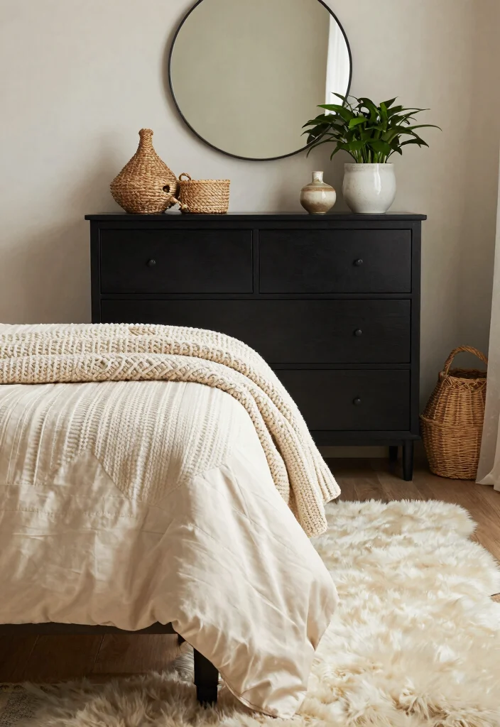 12 Black Dresser Bedroom Ideas for Easy Styling 2. Layered Textures for Depth 0