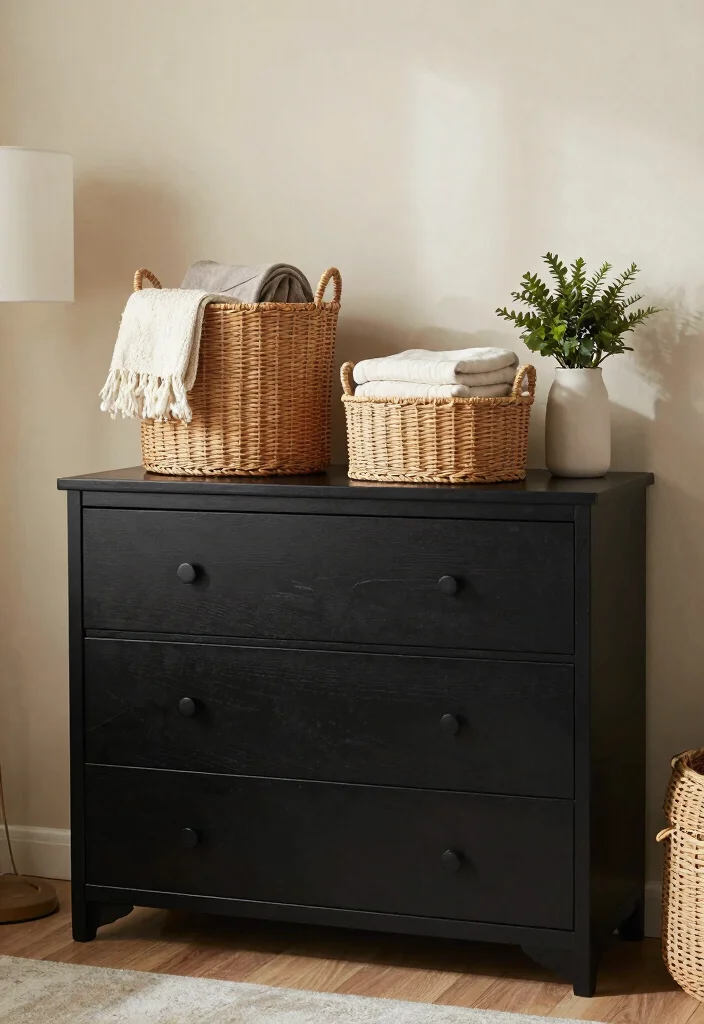 12 Black Dresser Bedroom Ideas for Easy Styling 5. Functional Organization with Stylish Baskets 0