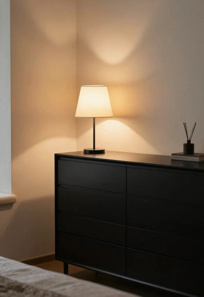 12 Black Dresser Bedroom Ideas for Easy Styling 7. Highlighting with Ambient Lighting 0
