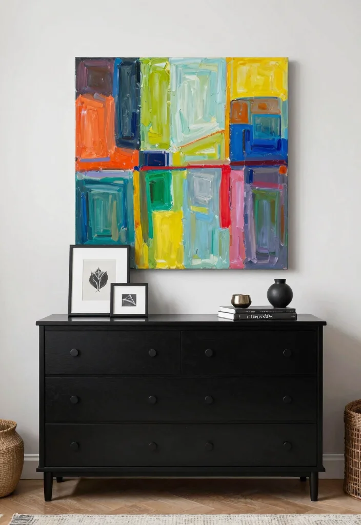 12 Black Dresser Bedroom Ideas for Easy Styling 9. Personal Touch with Unique Artwork 0