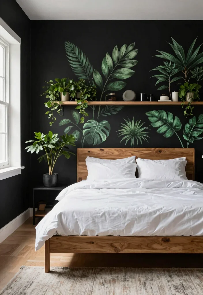 12 Black and Green Bedroom Ideas with Bold Contrast 1. Bold Black Accent Wall 0