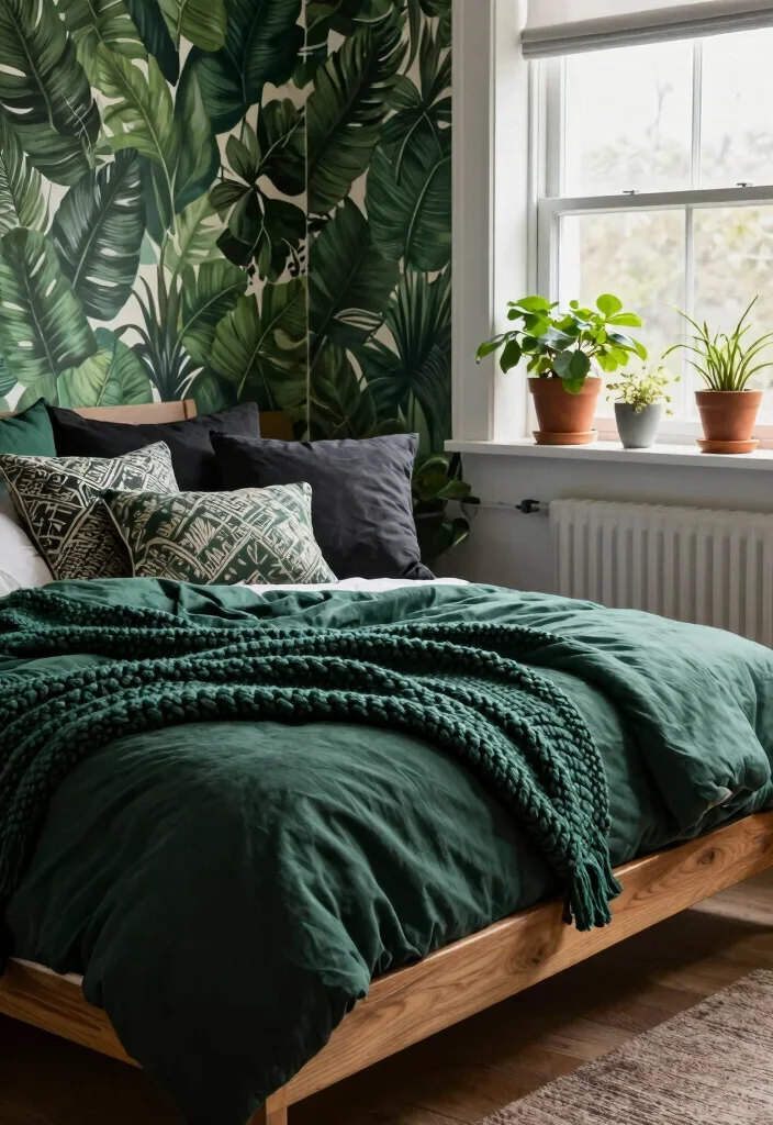 12 Black and Green Bedroom Ideas with Bold Contrast 2. Nature Inspired Textiles 0