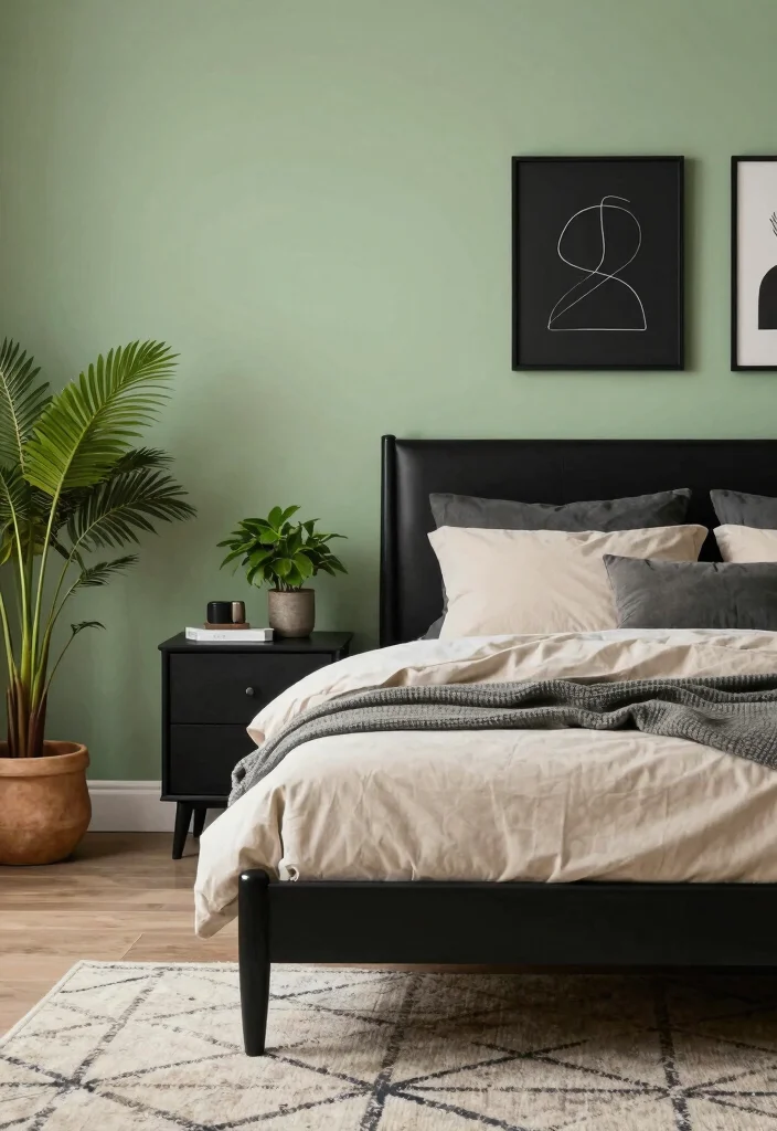 12 Black and Green Bedroom Ideas with Bold Contrast 3. Green Walls with Black Accents 0