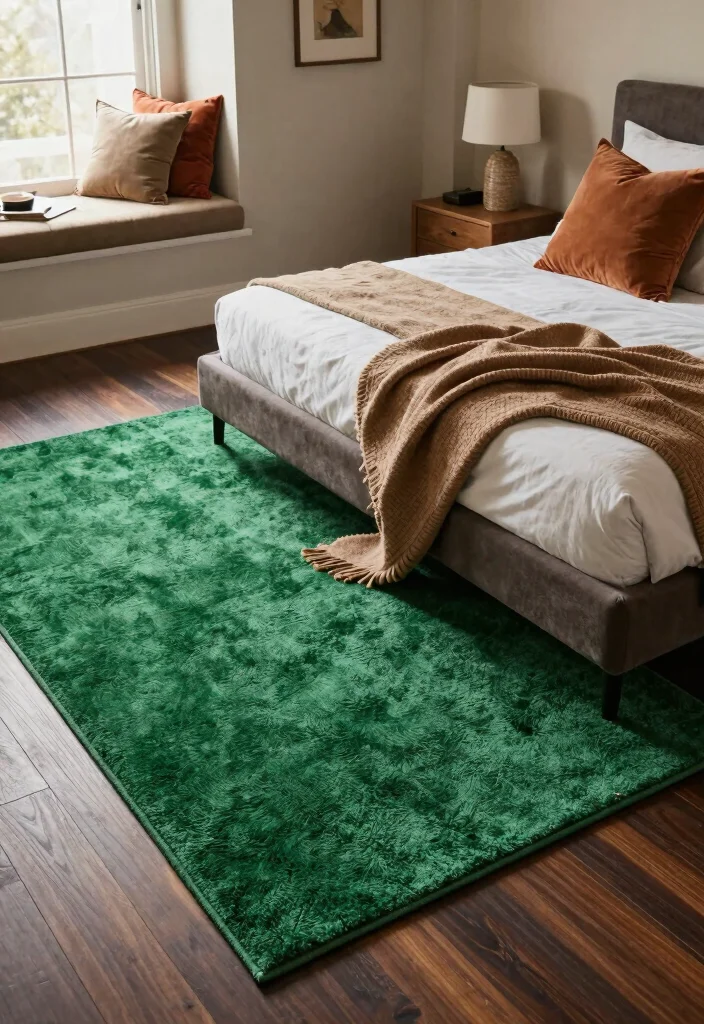 12 Black and Green Bedroom Ideas with Bold Contrast 5. Statement Green Rugs 0