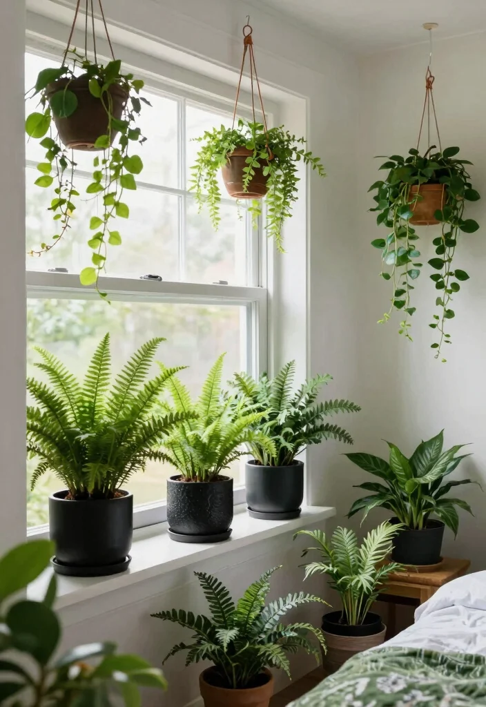 12 Black and Green Bedroom Ideas with Bold Contrast 6. Green Plant Decor 0