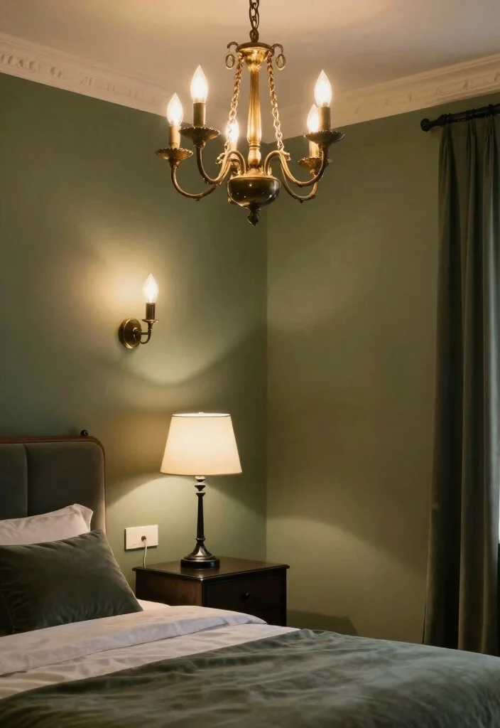 12 Black and Green Bedroom Ideas with Bold Contrast 7. Contrast Lighting Fixtures 0