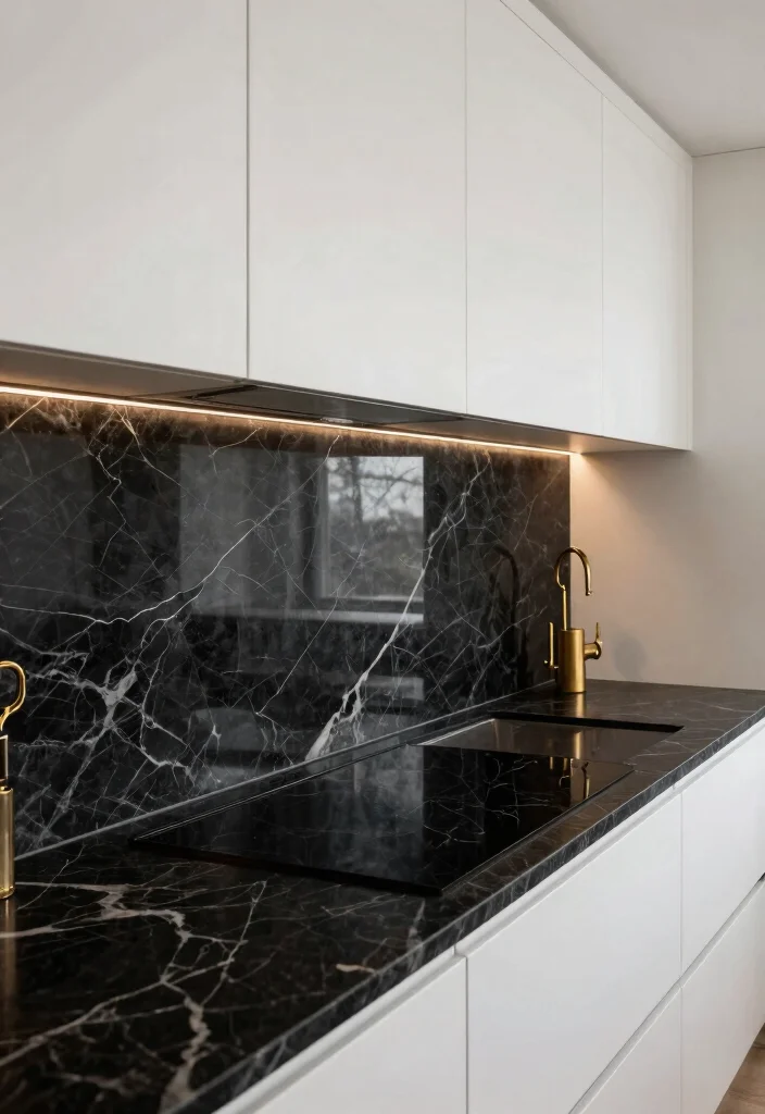 12 Black and White Kitchen Backsplash Ideas with Contrast 13 12 Black and White Kitchen Backsplash Ideas with Contrast 3. Bold Black Marble Accents 0