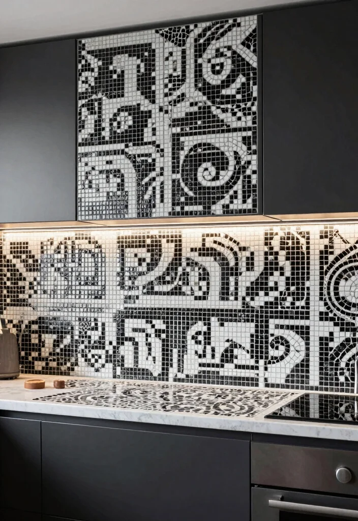 12 Black and White Kitchen Backsplash Ideas with Contrast 24 12 Black and White Kitchen Backsplash Ideas with Contrast 4. Monochrome Mosaic Masterpiece 0
