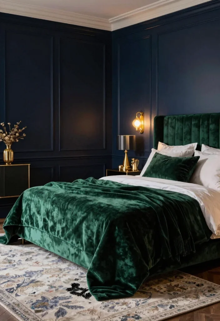 12 Blue and Green Bedroom Ideas with Calm Balance 10. Luxurious Retreat Deep Tones and Elegant Fabrics 0