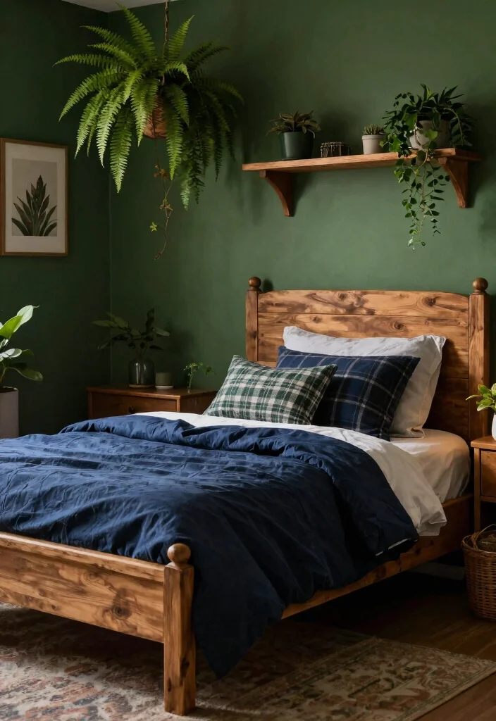 12 Blue and Green Bedroom Ideas with Calm Balance 2. Woodland Retreat Earthy Greens and Deep Blues 0