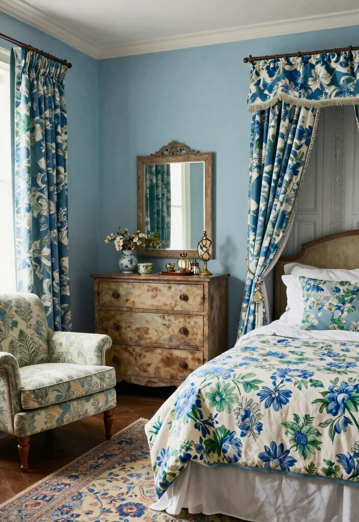 12 Blue and Green Bedroom Ideas with Calm Balance 4. Vintage Charm Blue and Green Patterns 0