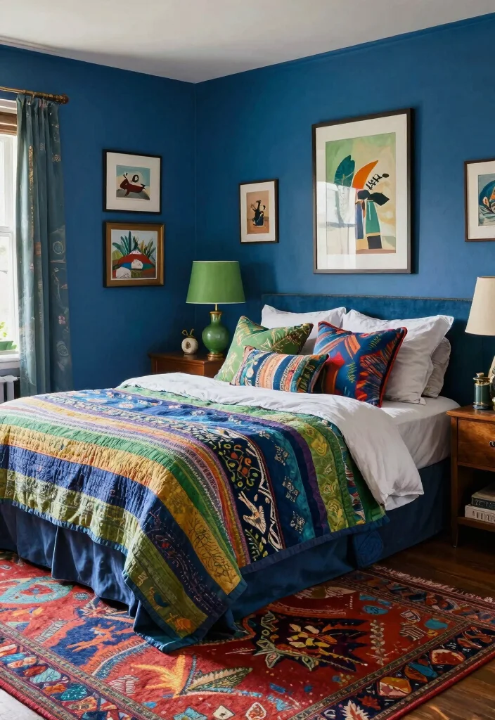 12 Blue and Green Bedroom Ideas with Calm Balance 5. Eclectic Mix Bold Hues and Textures 0