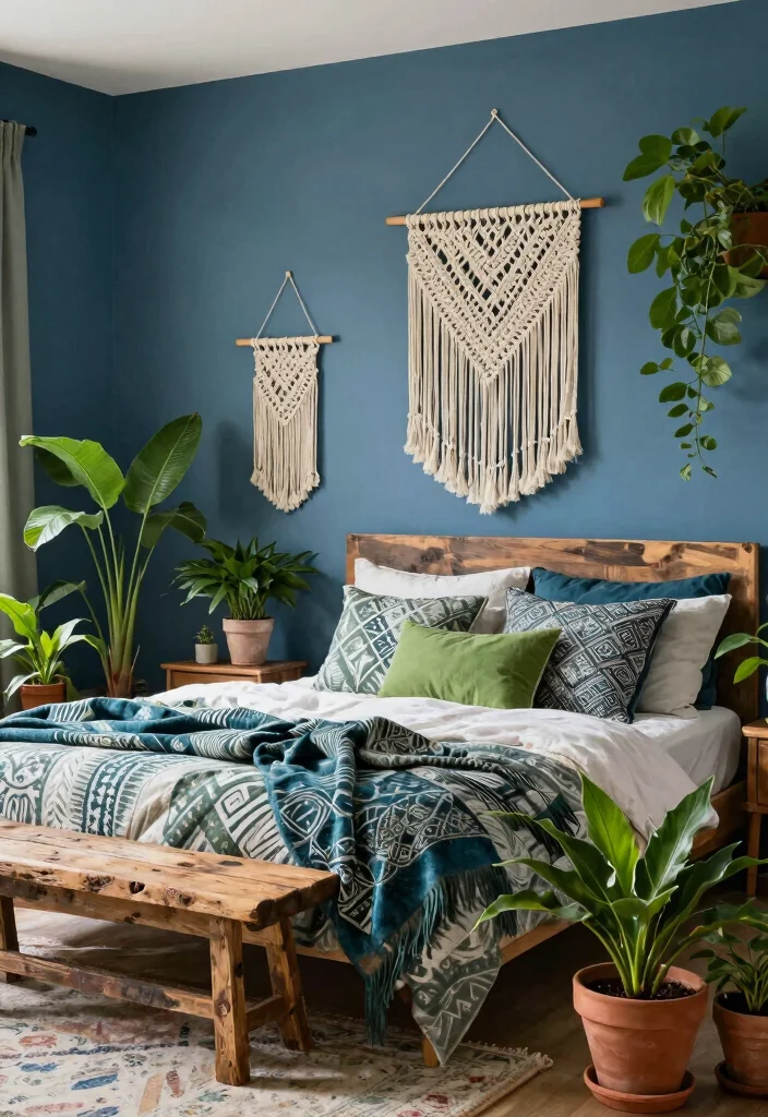 12 Blue and Green Bedroom Ideas with Calm Balance 7. Bohemian Dream Layered Textures and Colors 0