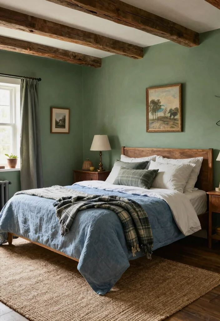 12 Blue and Green Bedroom Ideas with Calm Balance 9. Rustic Farmhouse Cozy and Inviting 0