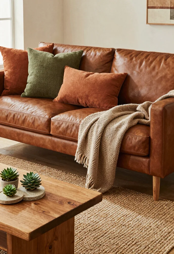 12 Brown Leather Couch Living Room Ideas with Warm Style 1. Earthy Tones and Textures 0