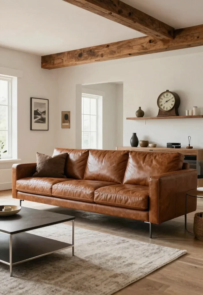 12 Brown Leather Couch Living Room Ideas with Warm Style 10. Modern Farmhouse Style 0