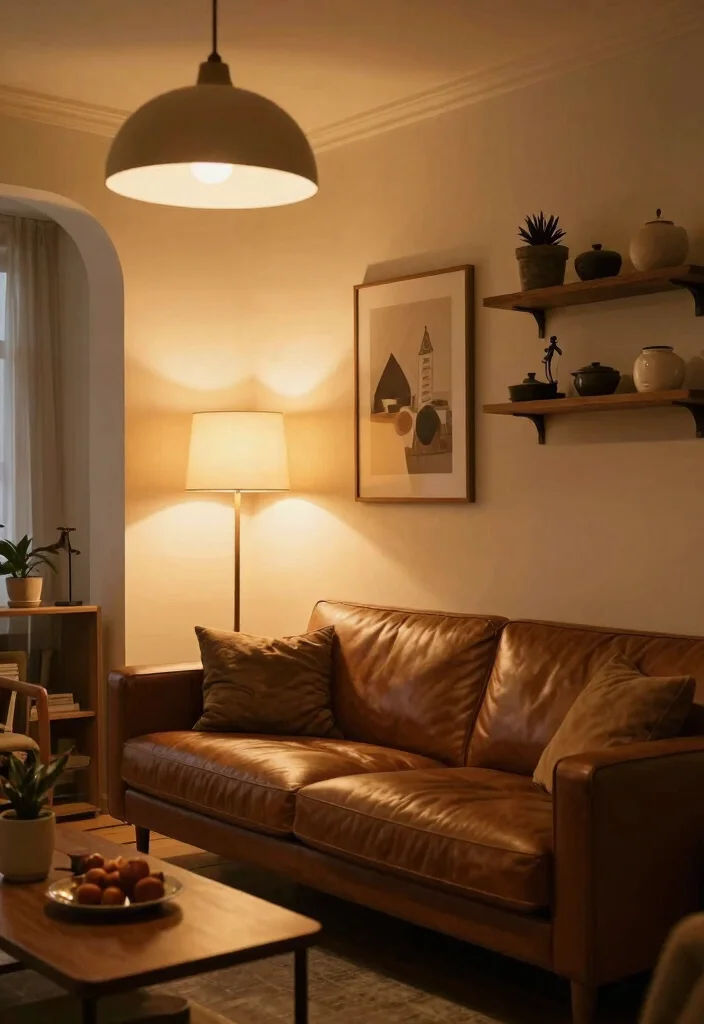 12 Brown Leather Couch Living Room Ideas with Warm Style 2. Layered Lighting Effects 0