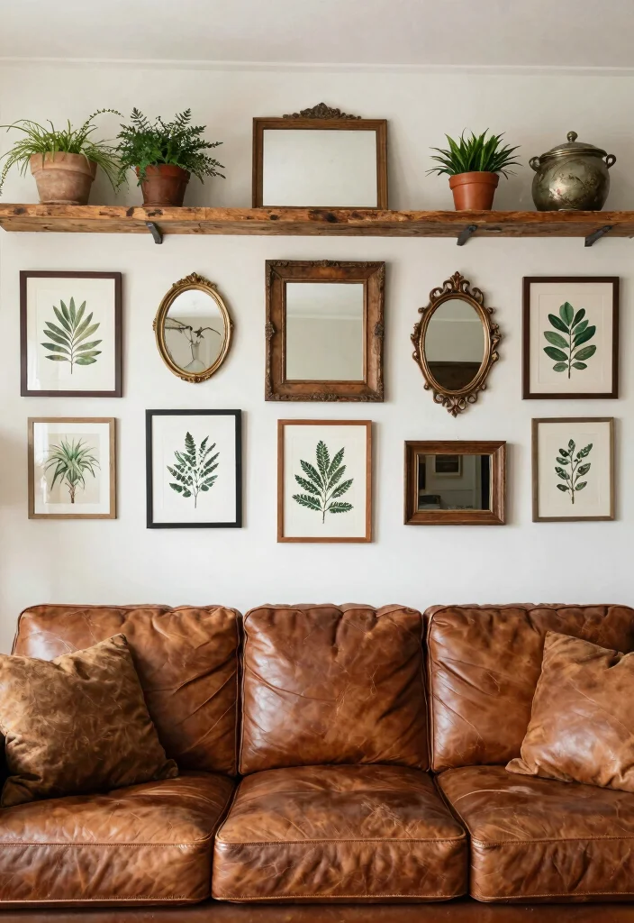 12 Brown Leather Couch Living Room Ideas with Warm Style 3. Rustic Wall Decor 0