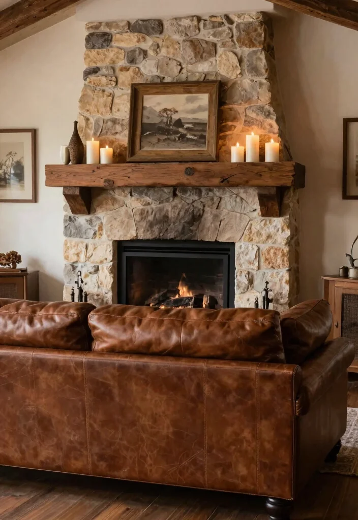 12 Brown Leather Couch Living Room Ideas with Warm Style 4. Cozy Fireplace Integration 0
