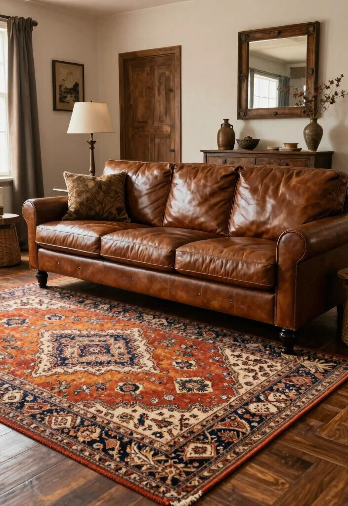 12 Brown Leather Couch Living Room Ideas with Warm Style 5. Statement Rugs 0