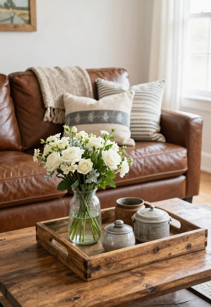 12 Brown Leather Couch Living Room Ideas with Warm Style 6. Farmhouse Accessories 0