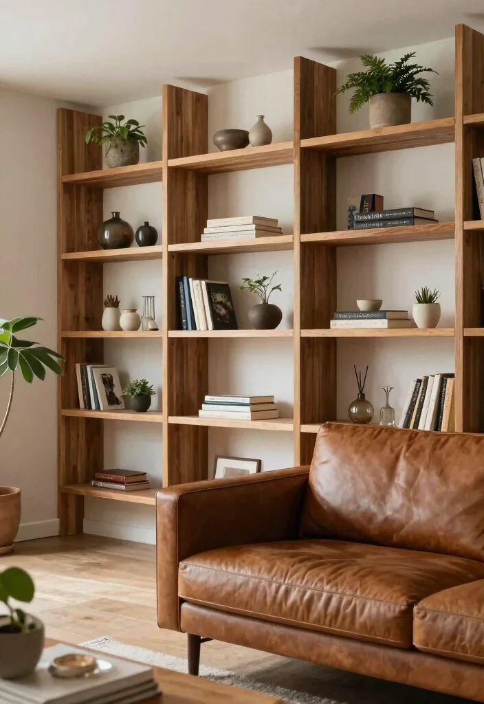 12 Brown Leather Couch Living Room Ideas with Warm Style 7. Open Shelving 0