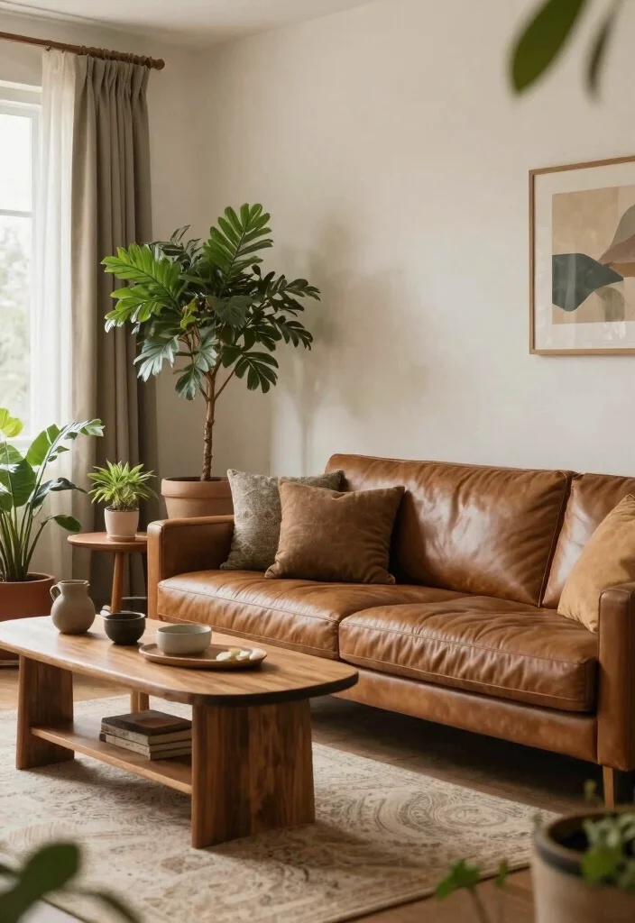 12 Brown Leather Couch Living Room Ideas with Warm Style 8. Natural Elements 0