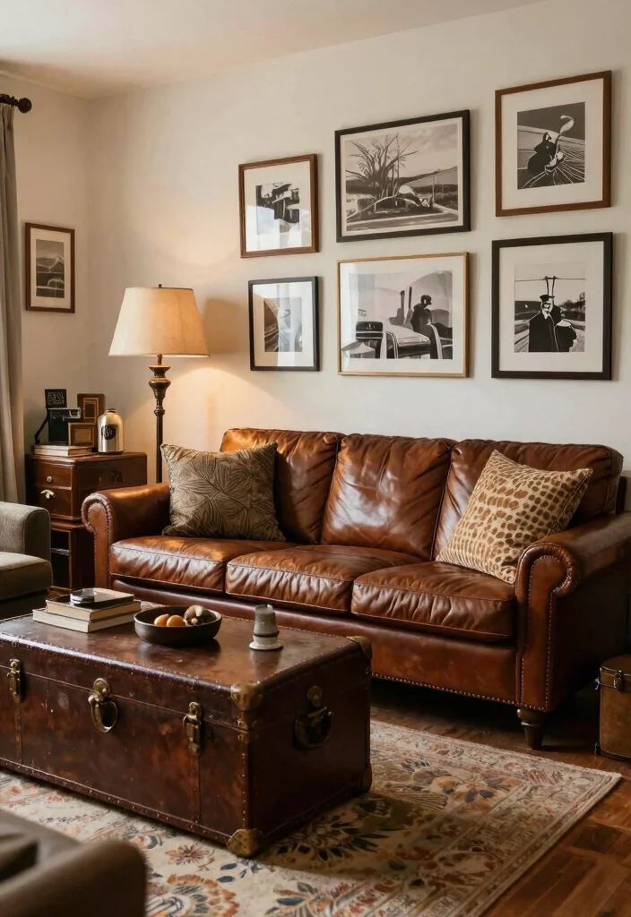 12 Brown Leather Couch Living Room Ideas with Warm Style 9. Vintage Finds 0