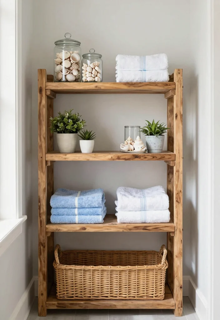12 Coastal Small Bathroom Ideas That Feel Open and Airy 3. Open Shelving for Coastal Charm 0