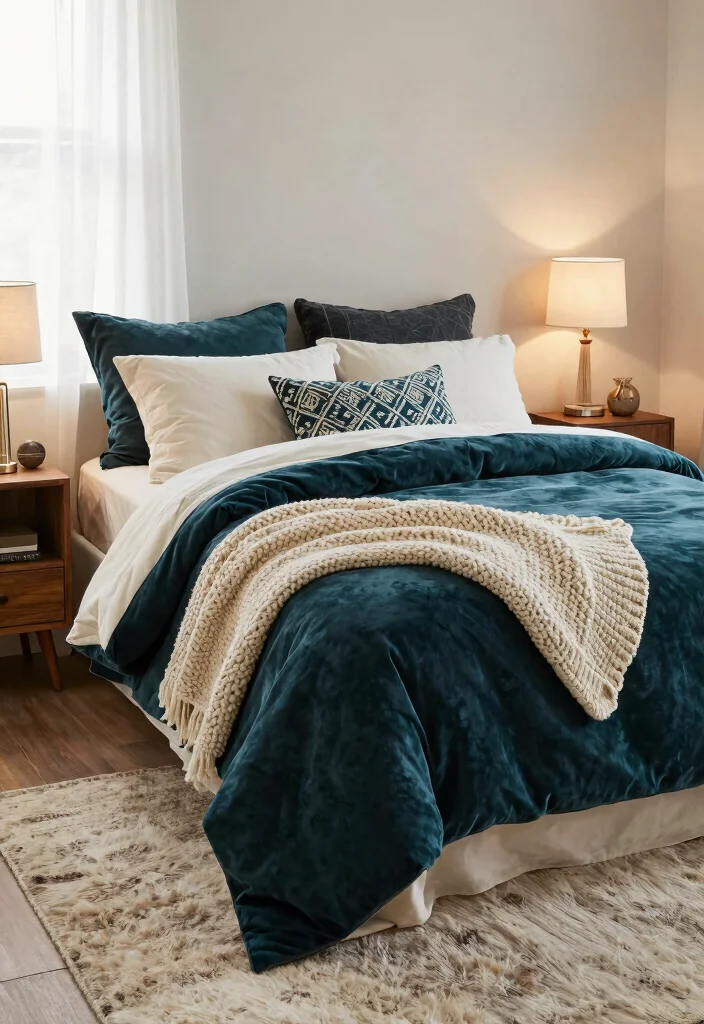 12 Dark Teal Bedroom Ideas for a Rich Moody Look 1. Layered Textiles for Warmth 0