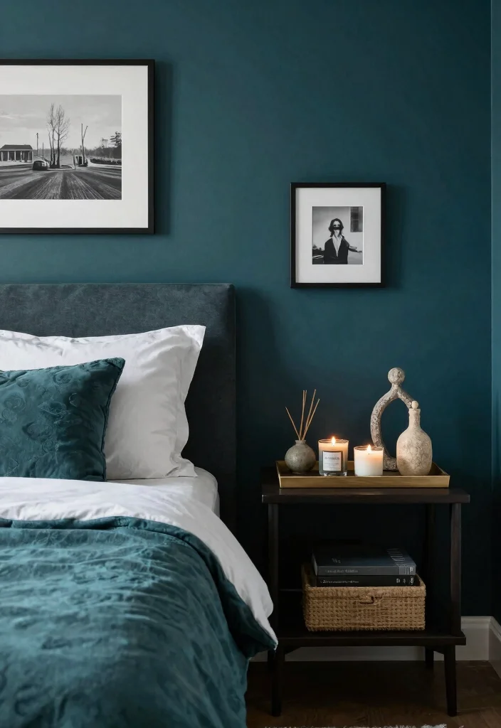 12 Dark Teal Bedroom Ideas for a Rich Moody Look 11. Personal Touches with Accessories 0